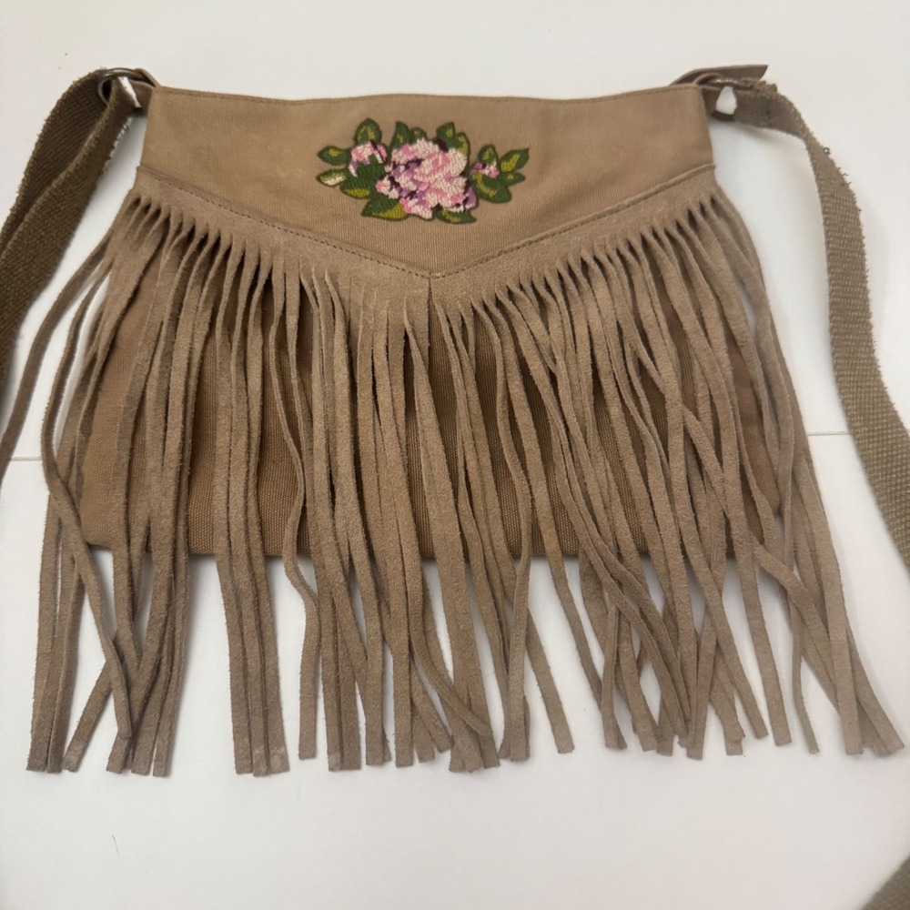 American Eagle Tan Canvas Fringe Crossbody Bag Floral Embroidery Boho Western